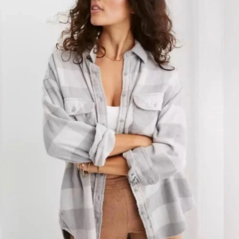 aerie -  Lumber Jane Grey Plaid Oversized Dutton Down Flannel Shirt Shacket - XL